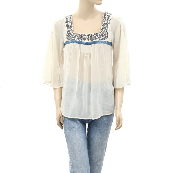Anthropologie Tops - Saivana Anthropologie Embroidered Sequin Ivory Tunic Top Sheer Boho S New